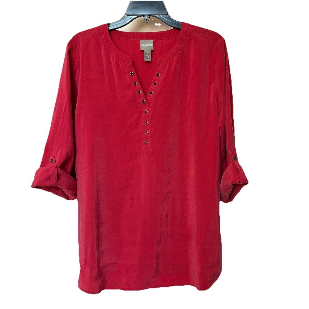 Chicos Top 2 Lg Pullover 3/4 Sleeve Red Grommets Boho Fall Goth Lagen